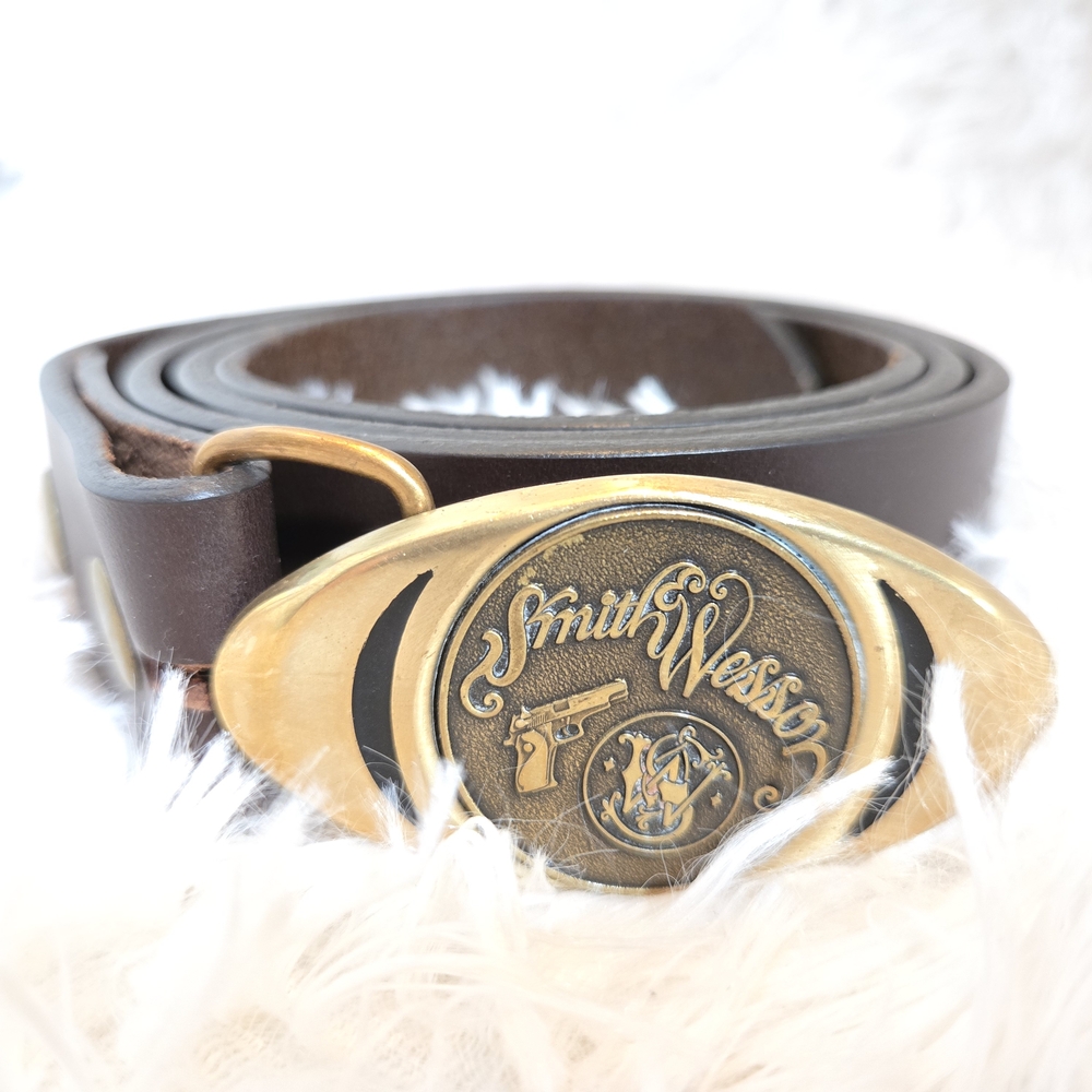 Smith & Wesson Brown Leather Belt with Gold Buckle